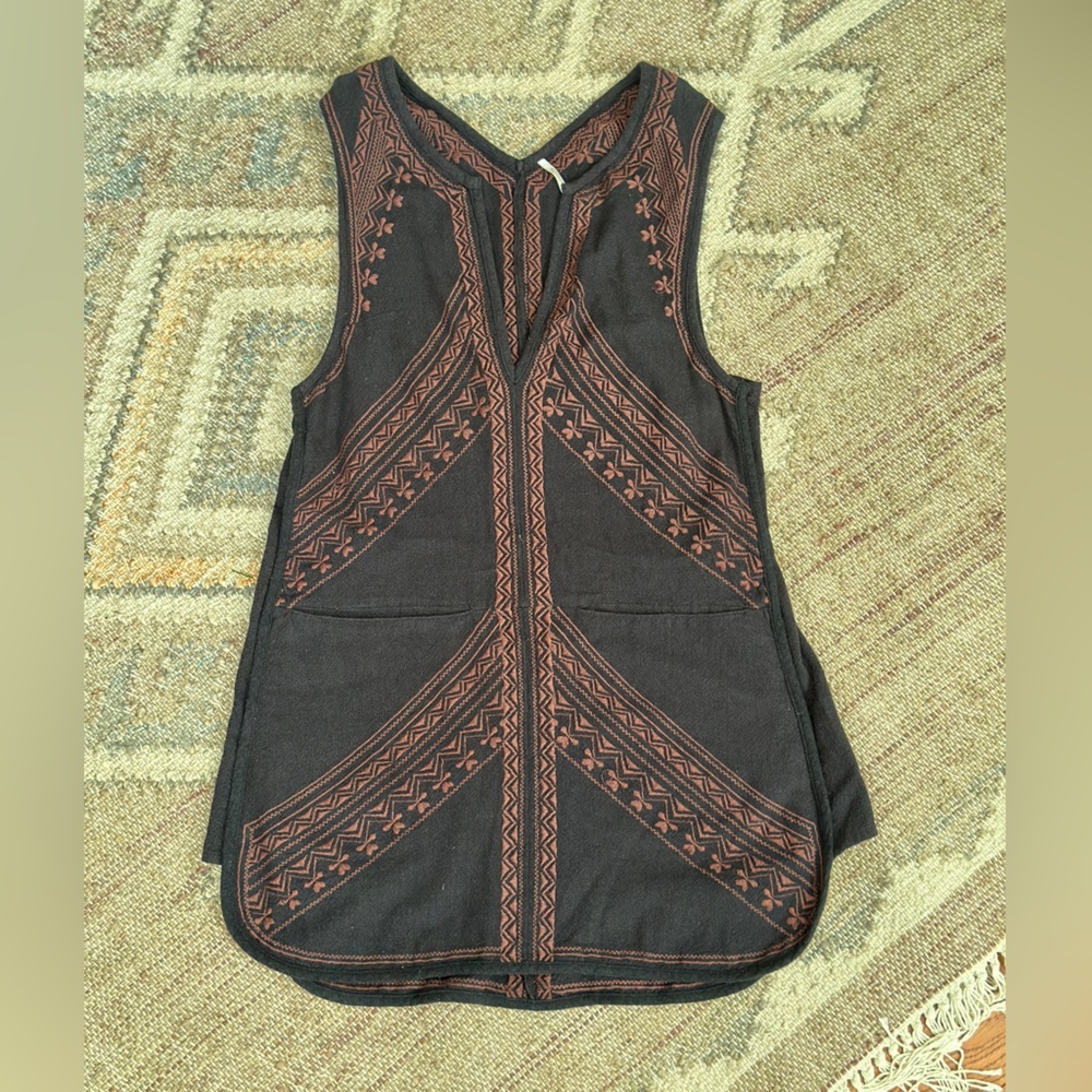 Free People Black and Brown Embroidered Tunic Tank Top